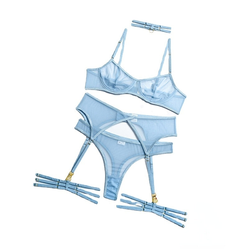 Dessous sexy porte-jarretelles soutien-gorge et string transparent six pièces La Croisade