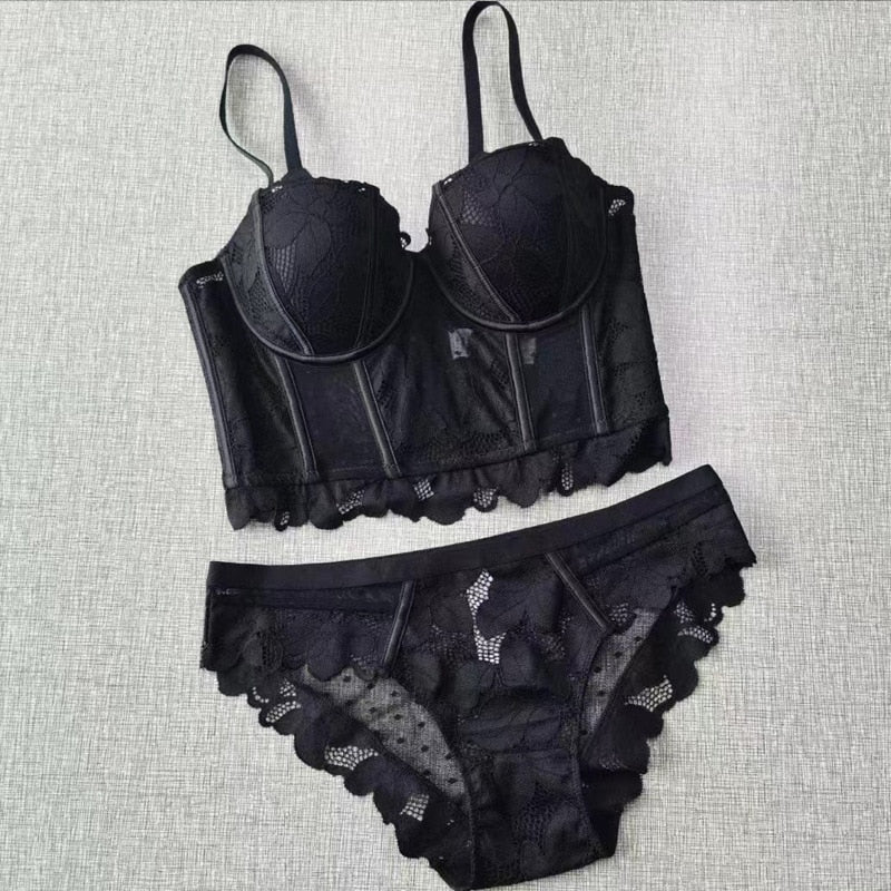 Bustier brassière push-up dentelle et culotte dentelle transparente ensemble lingerie fine L'eau Douce